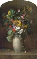 Renaudin, Alfred - Sunflowers, roses, and other summer blooms in a vase on a stone ledge